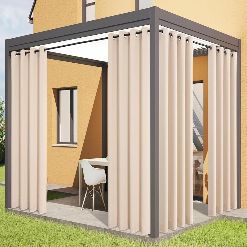 Flyfun Outdoor Curtains for Patio Waterproof - Weatherproof Porch & Gazebo Curtains, Grommet Top and Tab Bottom Drape,4 Panel, 52" W x 84" L, Beige - Image 1
